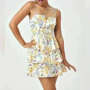 White Yellow Multi Floral Lace Up Front Dress